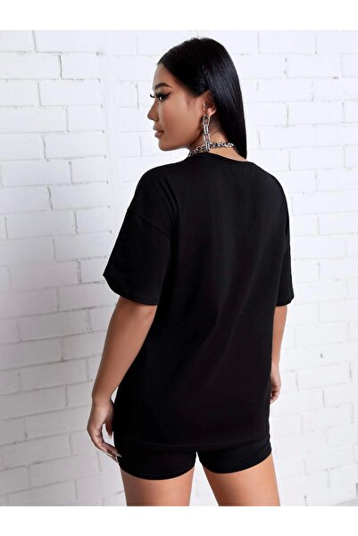 AFROGİYİM Czarny T-shirt damski oversize z nadrukiem Insipre