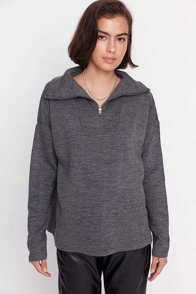 Trendyol Collection Anthracite Wide Fit Zippered Basic Knitwear Sweater TWOAW23KZ00331