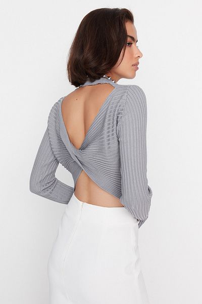 Trendyol Collection Gray Back Detailed Crop Knitwear Sweater TWOAW23KZ00789