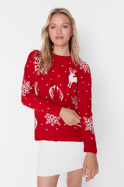 Trendyol Collection Roter Jacquard-Strickpullover mit Neujahrsmotiv – TWOAW23KZ01591