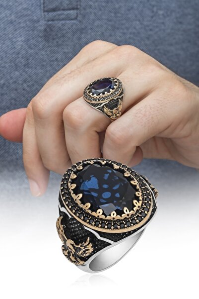 ALYANSEVİM Lacivert Taşlı Çift Başlı Kartal Motifli Gümüş Erkek Yüzük