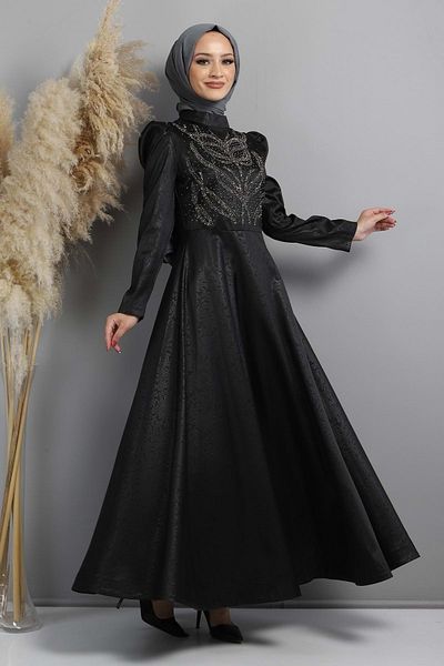 Modamihram Stoned gemustertes Abendkleid Schwarz