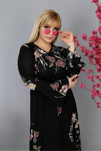 Şirin Butik Γυναικείο φόρεμα με μαύρο φλοράλ σχέδιο με διπλό γιακά με μανίκια