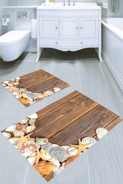 MODANOİVA Wooden Floor and Seashells Patterned 2-Piece Bath Mat (50x60 - 60x100)