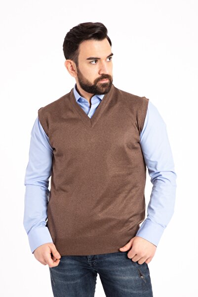 Mutlu City Мъжки кафяв тънък вълнен плетен пуловер