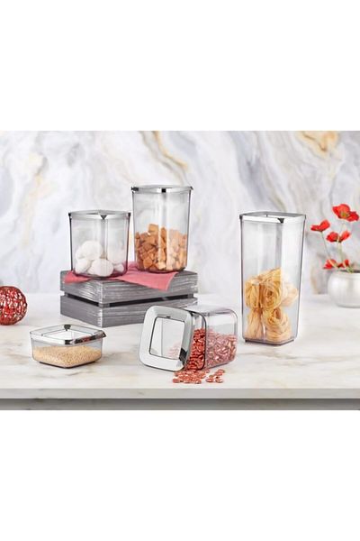 VİP AHMET Smoked Lid Vacuumed Set of 5 Square Storage Containers Transparent
