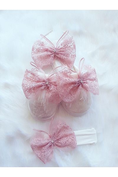 Şeker Tadında Tasarımlar Powder French Guipure Detailed Maternity Crown Slippers Baby Band Set