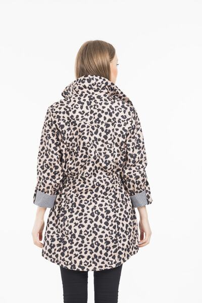 ladyzey Kadın Leopar Baskılı Beli Büzgülü Katlanabilir Kol Astarlı Trençkot