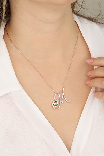 Lia Berto Kadın Rose Gözlü M Harfi 925 Ayar Gümüş Kolye