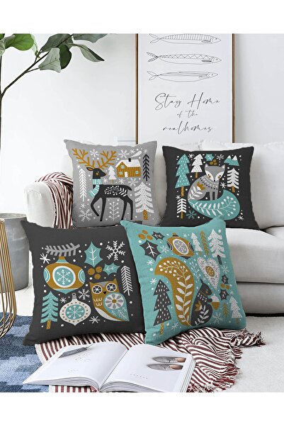 Realhomes 4'lü Çift Taraflı Renkli Zemin Üzerinde Yılbaşı Desenli Modern Raşe...