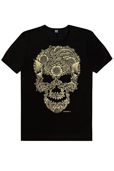 ROCKANDROLL Tricou cu mânecă scurtă imprimat cu craniu cu tatuaj negru pentru...