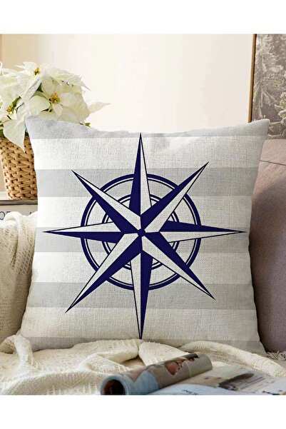 Realhomes غطاء وسادة راشيل حديث مطبوع رقميًا بنمط بوصلة على أرضية رمادية بيضا...