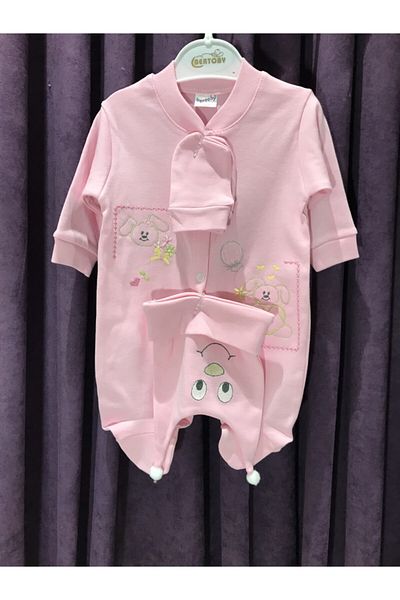 Bertoby Baby Girl Jumpsuit with Pink Hat and Gloves