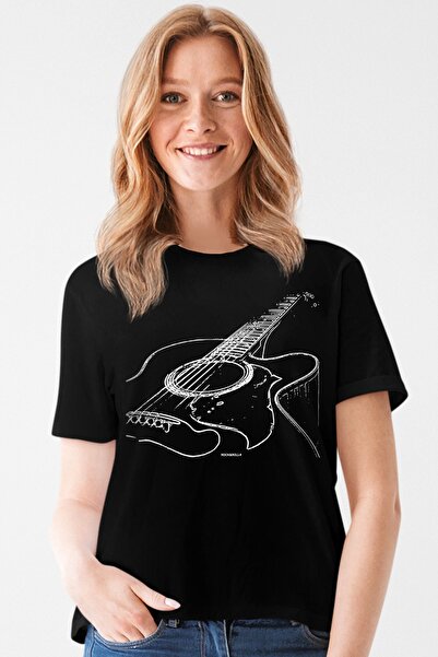 ROCKANDROLL تي شيرت نسائي بأكمام قصيرة بأوتار الجيتار باللون الأسود