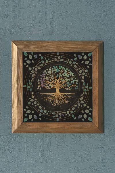 Oscar Stone Decor Masif Çerçeveli Hayat Ağacı Yaşam Doğaltaş Tablo Pano 28x28 cm