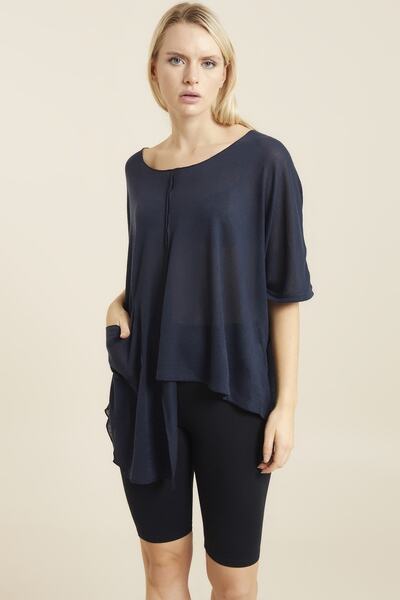 Hanna's by Hanna Darsa Kadın Lacivert Asimetrik Tek Cepli Triko Bluz