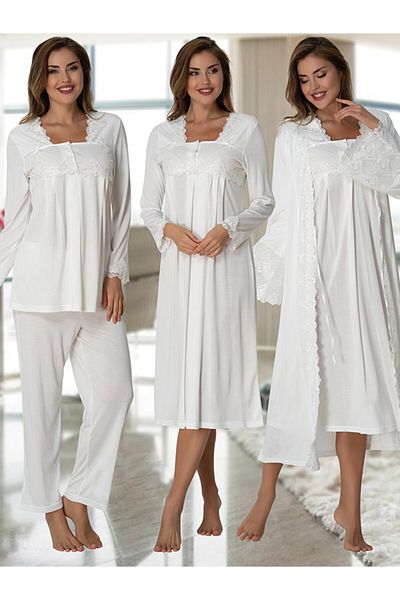 Effort Pijama طقم نسائي من 4 قطع من إكرو إيفورت لاسي للحوامل 7016