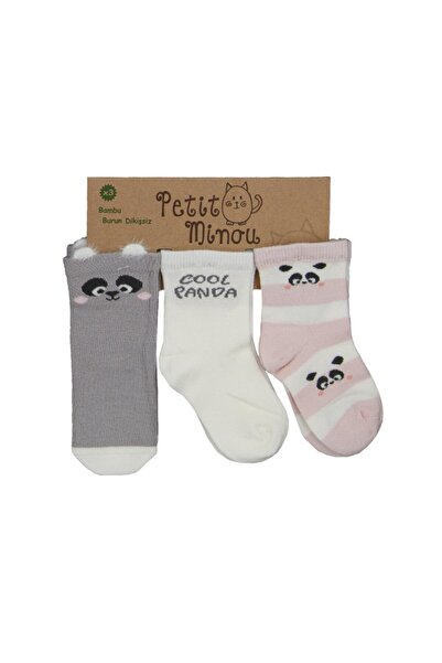 Petit Minou Baby Girl Colorful Cool Panda Printed 3-Piece Socks 2064