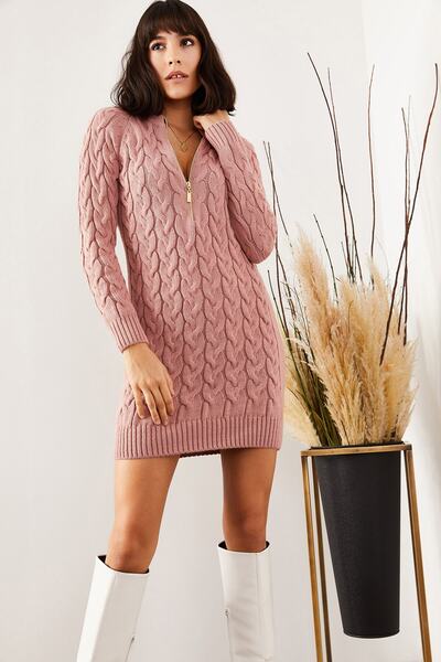 Olalook Dámské pletené šaty Dusty Rose se zipem ELB-19001362