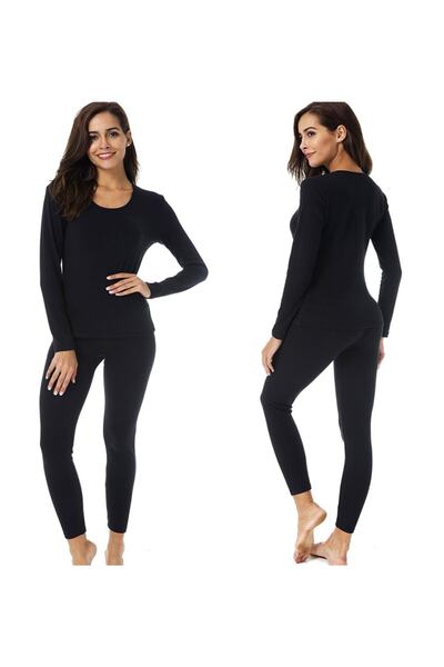 Momslab Colanți termici negri de damă Set de jos de sus Lenjerie de corp termică