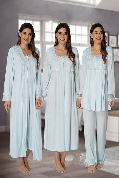 Effort Pijama Zerre Bebe Women &Apos; S Blue Long Sleeve Maternity Pajamas Set, Nightgown & Dressing Gown Set of 4 2405
