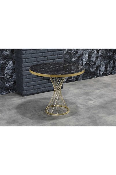 AVVİO 90x90 Ada Siyah Mermer Görünümlü Gold Hasır Ayaklı Mutfak Masası