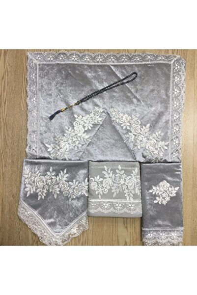 Aksuhome Kadife Seccade Takımı 5 Parça Fransız Güpürlü Bohça Seti