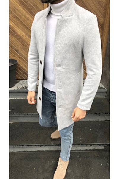 BYBÜLENT Κρεμ ανδρικό παλτό με μακρύ γιακά με κασμίρ