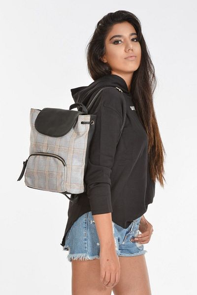 Moda1001 Καρό δερμάτινο σχολικό και επαγγελματικό σακίδιο πλάτης με μπροστινή τσέπη με φερμουάρ - Μπεζ