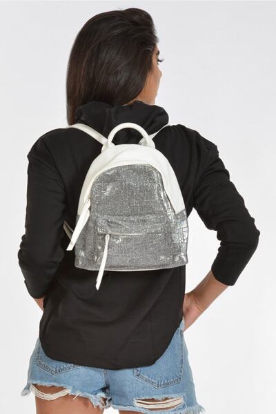 Moda1001 Σχολικό και καθημερινό σακίδιο πλάτης με μπροστινή τσέπη, δέρμα και ύφασμα Glitter - Λευκό
