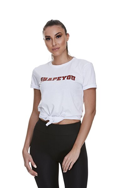 ShapeYou تي شيرت رياضي للياقة البدنية مطبوع باللون الأحمر للسيدات باللون الأبيض