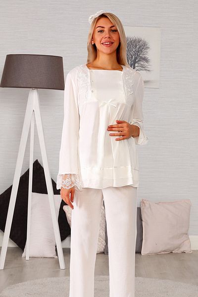 lohusahamile Women's Ecru Easy Breastfeeding Feature Maternity Pajamas Set with Dressing Gown 20124
