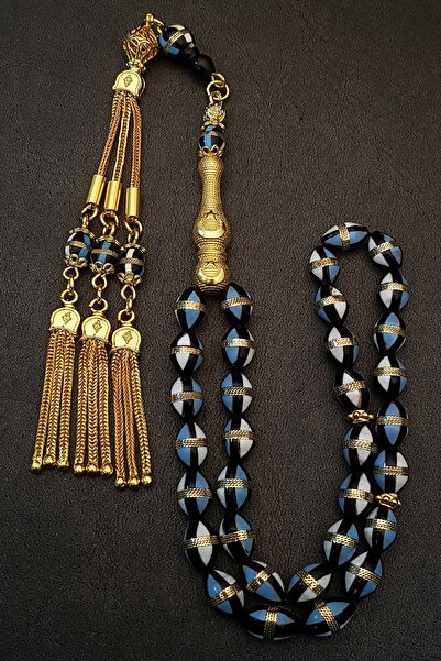 OTTOTESBİH Altın Kaplama 925 Ayar Gümüş Aksesuarlı Ayyıldız Model 7x11mm Mavi Mine Işlemeli Sarmal Kuka Tesbih