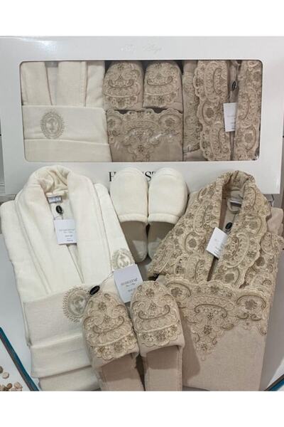 Homestar Velvet Line Yeni Maks Kapiçino Krem Aile Bornoz Seti