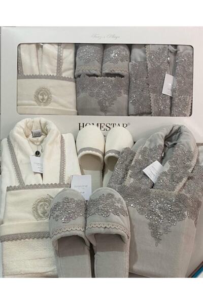 Homestar Velvet Line Pullu Meral Gri Krem Aile Bornoz Seti