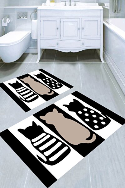 Resmiro Siyah Beyaz Kediler 2li Banyo Paspası (50x60 Cm - 60x100 Cm)