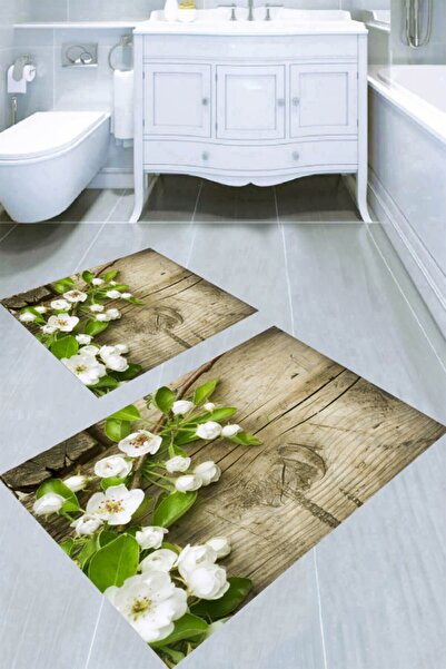 Resmiro Tahta Zemin Beyaz Çiçek Desenli 2li Banyo Paspası (50x60 Cm - 60x100 Cm)