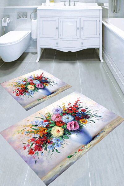 Resmiro Vazoda Pastel Renk Çiçek 2li Banyo Paspası (50x60 Cm - 60x100 Cm)