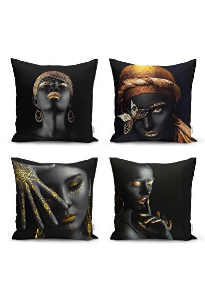 Realhomes غطاء وسادة رمي مكون من 4 قطع بتصميم نسائي أفريقي بخلفية سوداء