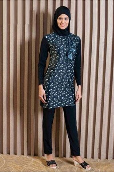 Seamark Μαύρο μαγιό Hijab με βολάν με λουλούδια που στεγνώνει γρήγορα