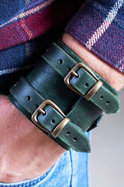 NARKİSSOS جوني ديب سوار جلدي للرجال مصنوع يدويًا من الجلد الكاكي العتيق Jonny001