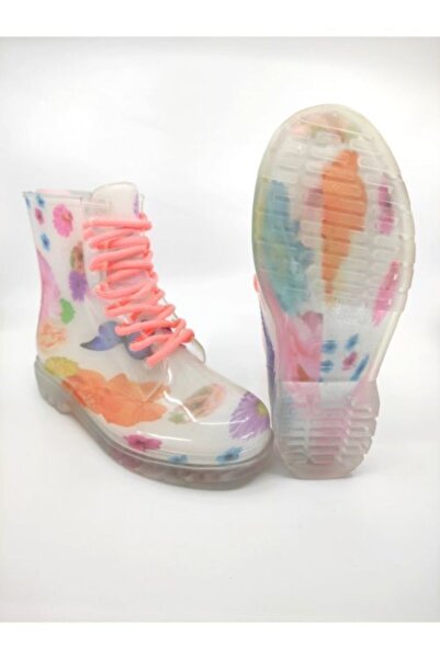 Frida Shoes Frida Kadın Şeffaf Su Geçirmez Bot 13401-beyaz Çiçek Desenli