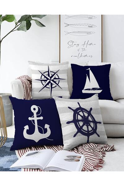 Realhomes 4'lü Çift Taraflı Renkli Zemin Üzerinde Denizci Desenli Modern Raşe...