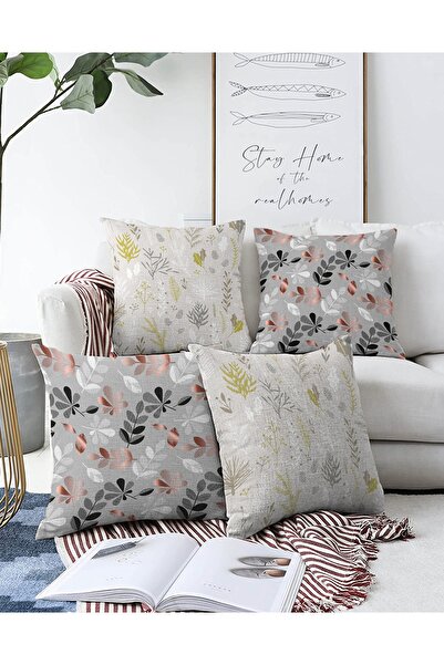 Realhomes 4'lü Çift Taraflı Renkli Zemin Üzerinde Yaprak Desenli Modern Raşel...