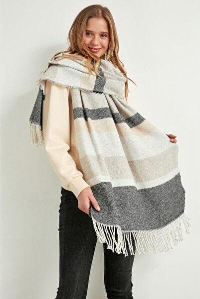 FELLMENS Flc13409 - Γυναικείο σάλι με μοτίβο ψαροκόκαλου σε μαύρο ανθρακί