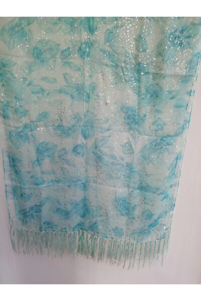 Butik Tülin Otantik İpek Şifon Buz Mavi Altın Yaldızlı Desenli Püsküllü Dikdö...