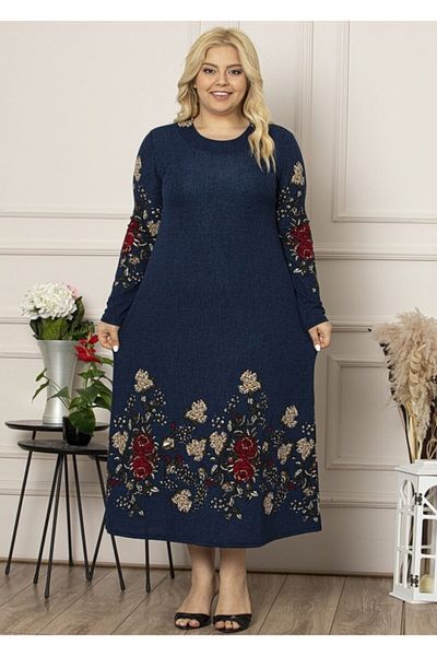 Şirin Butik Γυναικείο φόρεμα με μπλέ γιακά μακρύ μεγάλο μέγεθος