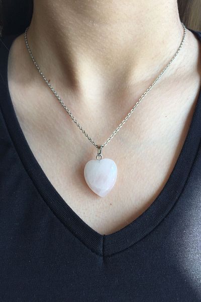 axexuar Pink Quartz Stone Natural Stone Pendant Heart Shaped 316l Steel Necklace 50cm Zodiac Stone