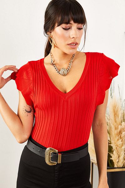 Olalook Women's Red Butterfly Sleeve V-Neck Knitwear Blouse BLZ-19001017