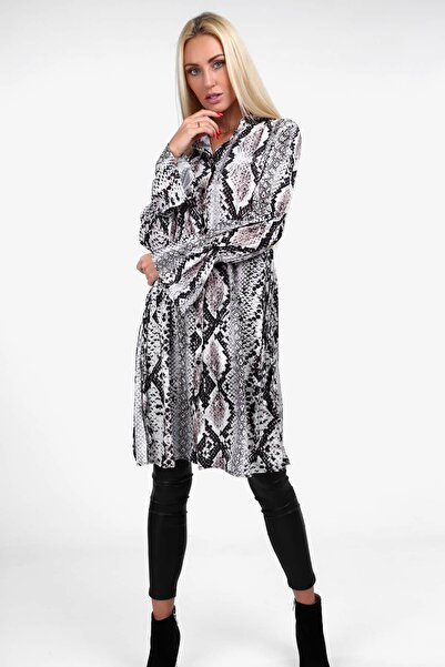 fasardi Kadın Gri  Yanları Yırtmaçlı Gömlek Elbise 1989